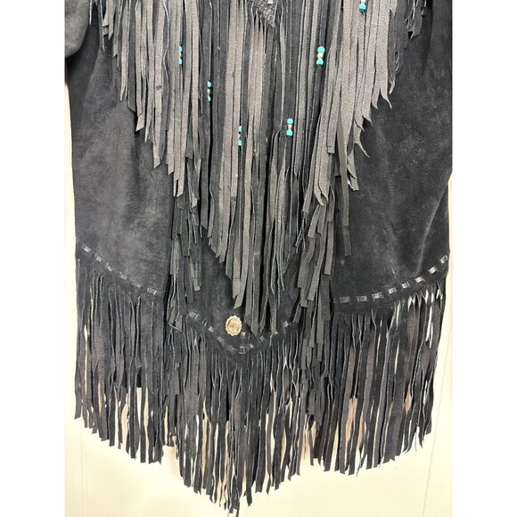 Vintage Womens Genuine Leather Black Fringe Jacket With Turquoise Bead Accents S - Picture 7 of 16